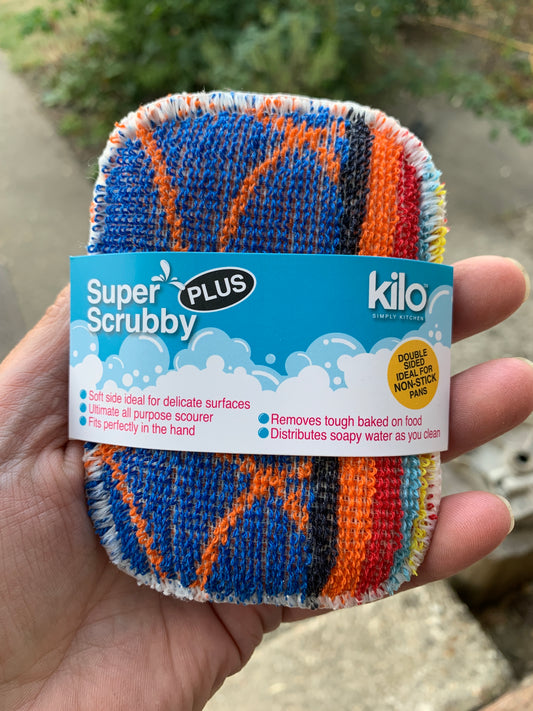 Mini Kilo Super Scrubby Plus durable, striped, machine washable cleaning pad one soft side one non scratch abrasive side.