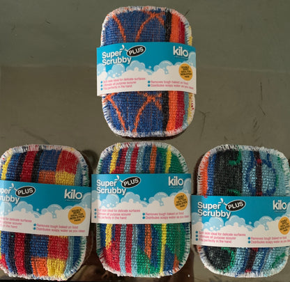 Mini Kilo Super Scrubby Plus durable, striped, machine washable cleaning pad one soft side one non scratch abrasive side.