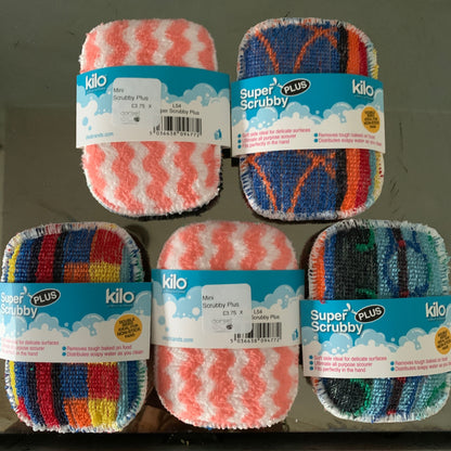 Mini Kilo Super Scrubby Plus durable, striped, machine washable cleaning pad one soft side one non scratch abrasive side.