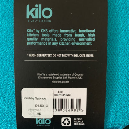 Kilo Scrubby Sponge Turquoise with product description eco-friendly kitchen sponge with scrubby non scratch on both sides
