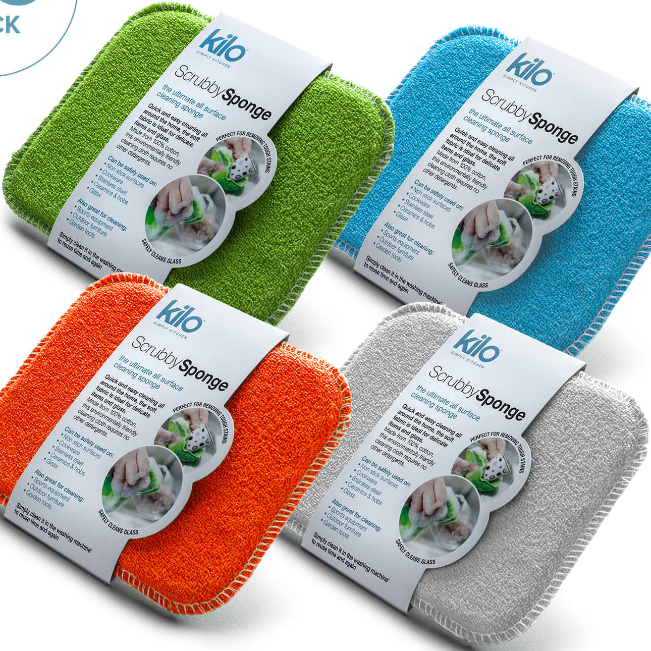 Kilo Scrubby Sponges Green, Turquoise, Orange and Grey eco-friendly kitchen sponge with scrubby non scratch on both sides